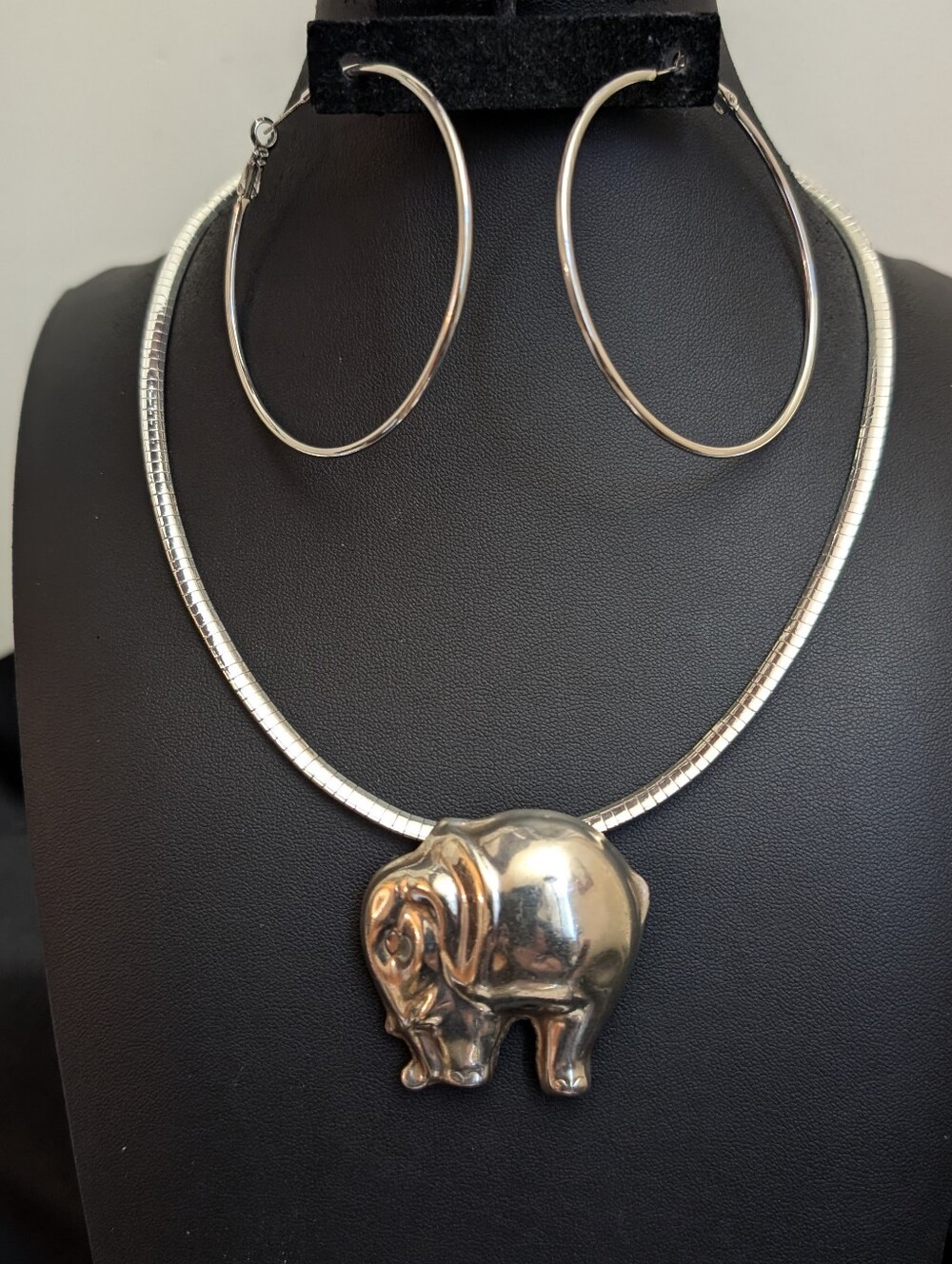 Vintage Mexico 925 Silver Elephant Pendant Brooch On Omega w Silver Earrings